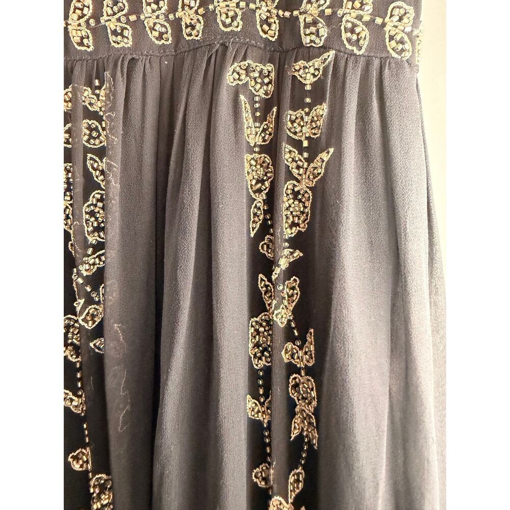 Vintage Adrianna Papell Black Silk Beaded Dress Gold Embellished Formal Midi 14 - Picture 4 of 4